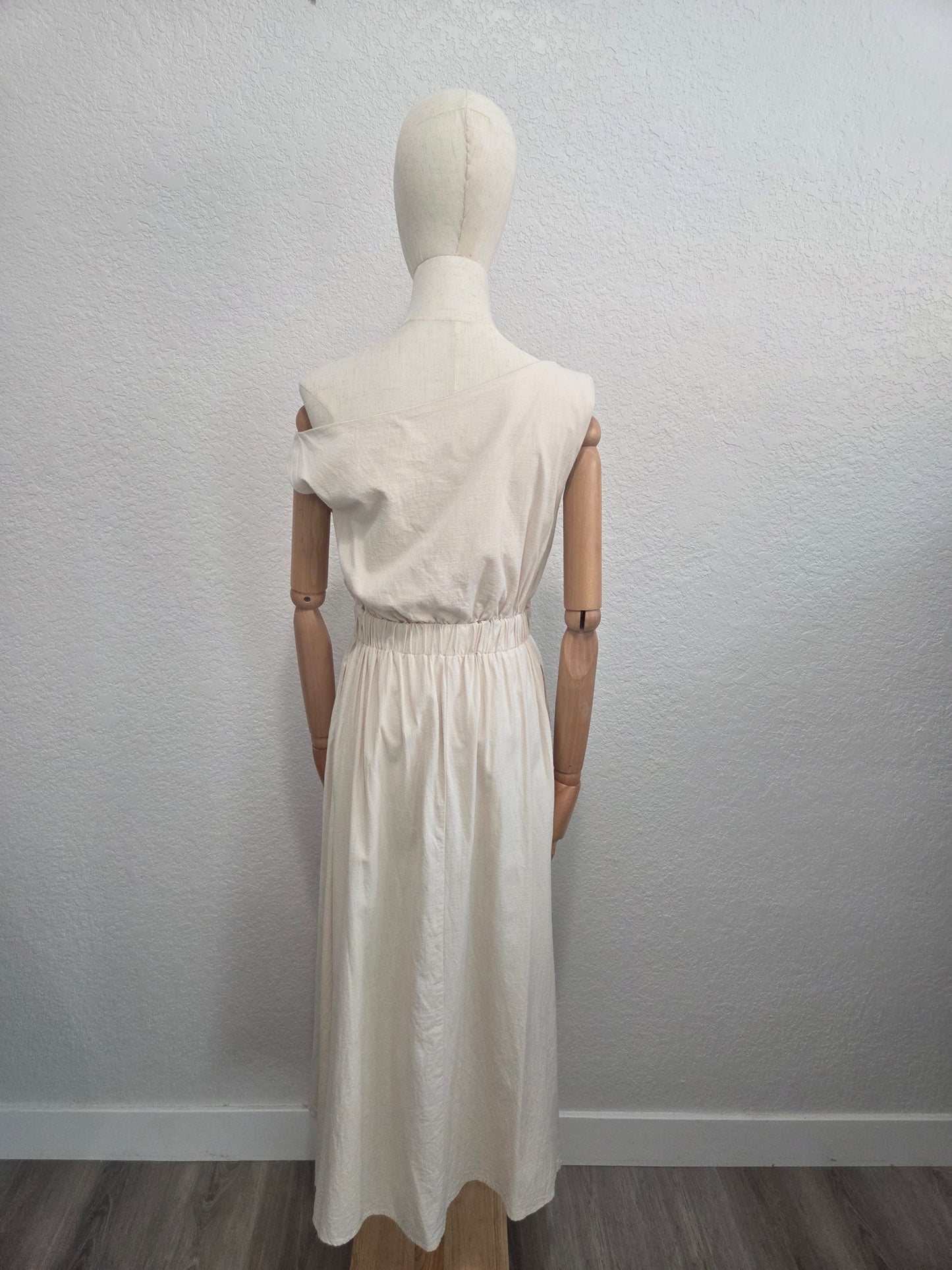 Cotton-Blend Asymmetrical Neck Midi Dress