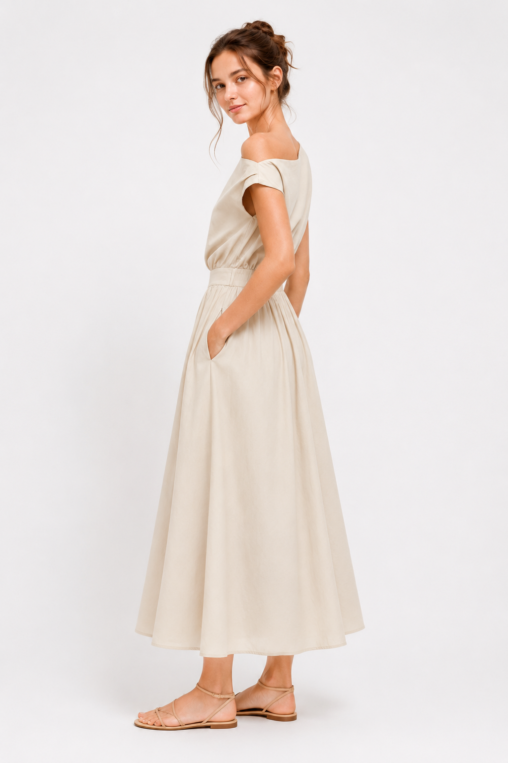 Cotton-Blend Asymmetrical Neck Midi Dress