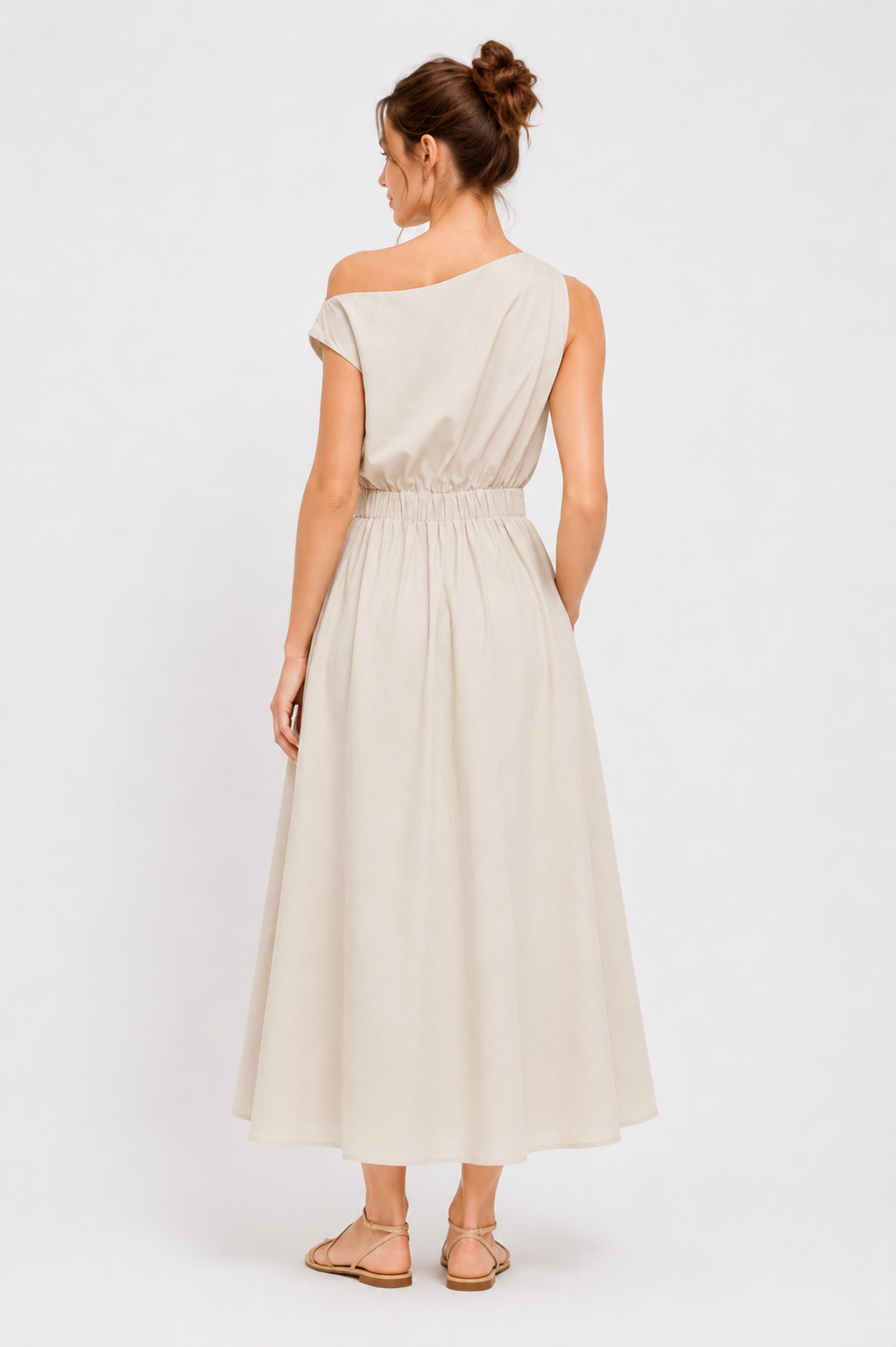 Cotton-Blend Asymmetrical Neck Midi Dress